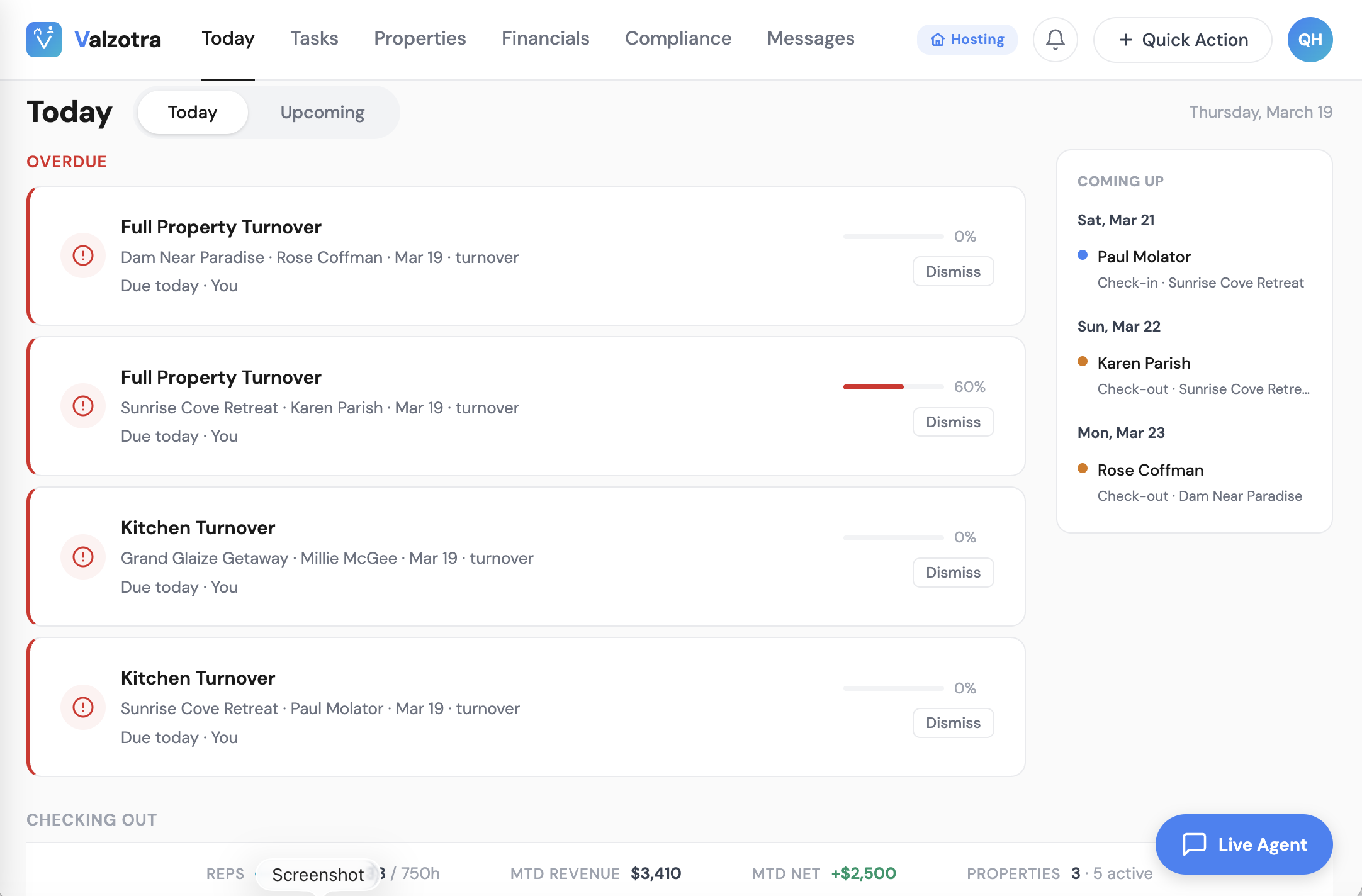 Valzotra Today dashboard with check-ins, tasks, and upcoming reservations