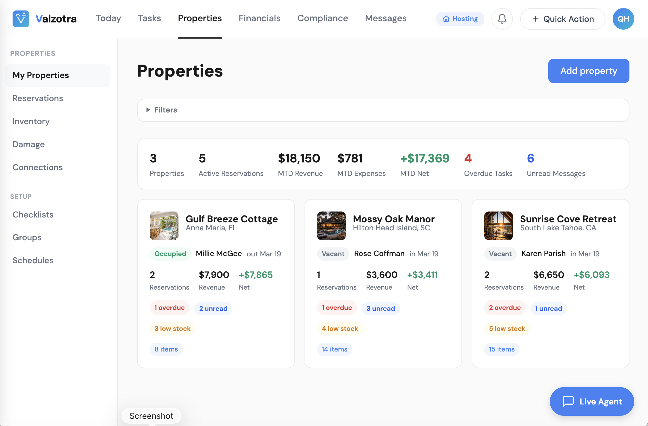 Valzotra dashboard showing today's check-ins, tasks, and upcoming reservations